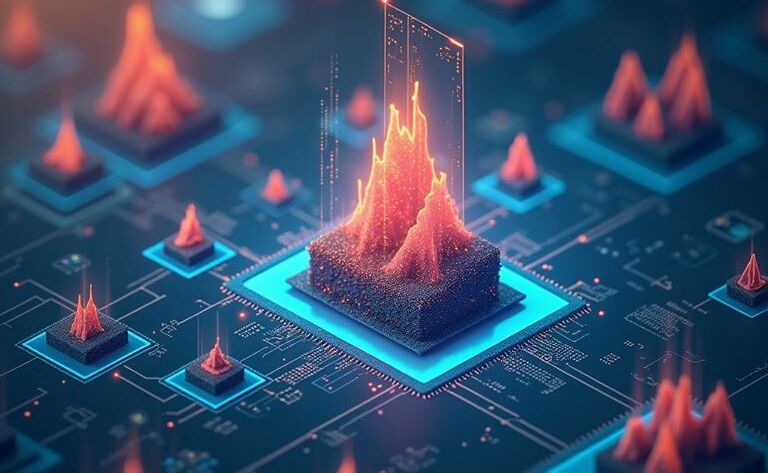 a computer chip with a fire in the center